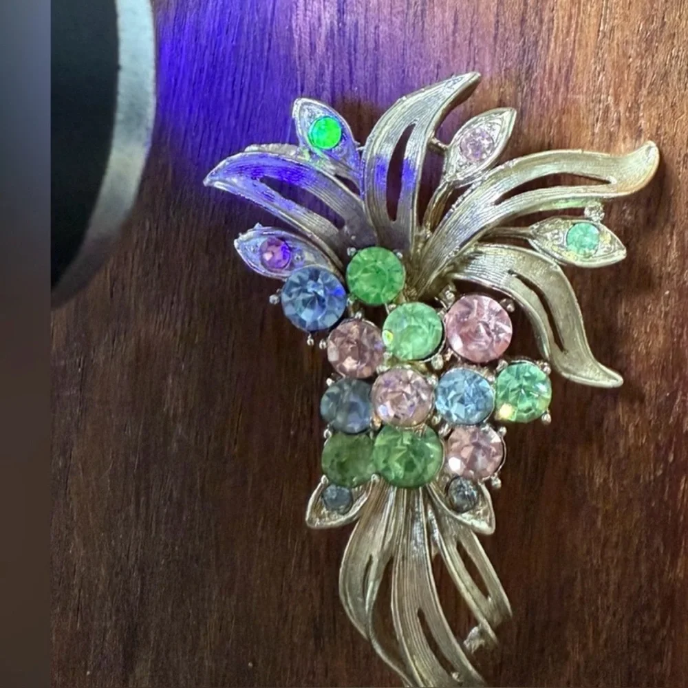 VTG Coro Uranium Glass Colorful Rhinestone Brooch Floral Fruit Gold Tone